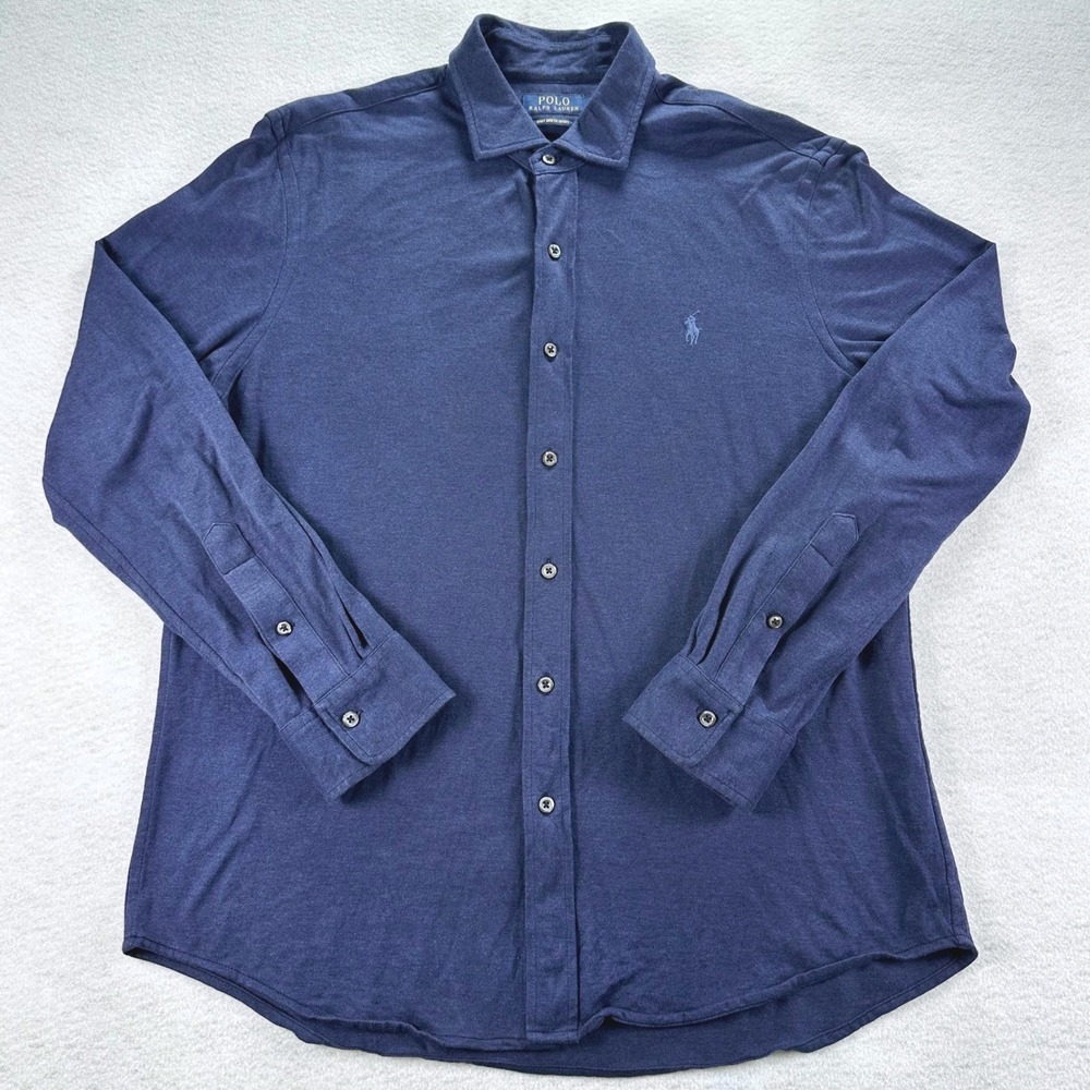 Polo Ralph Lauren Men XL Knit Dress Shirt Navy Blue Cotton Long Sleeve Button Up